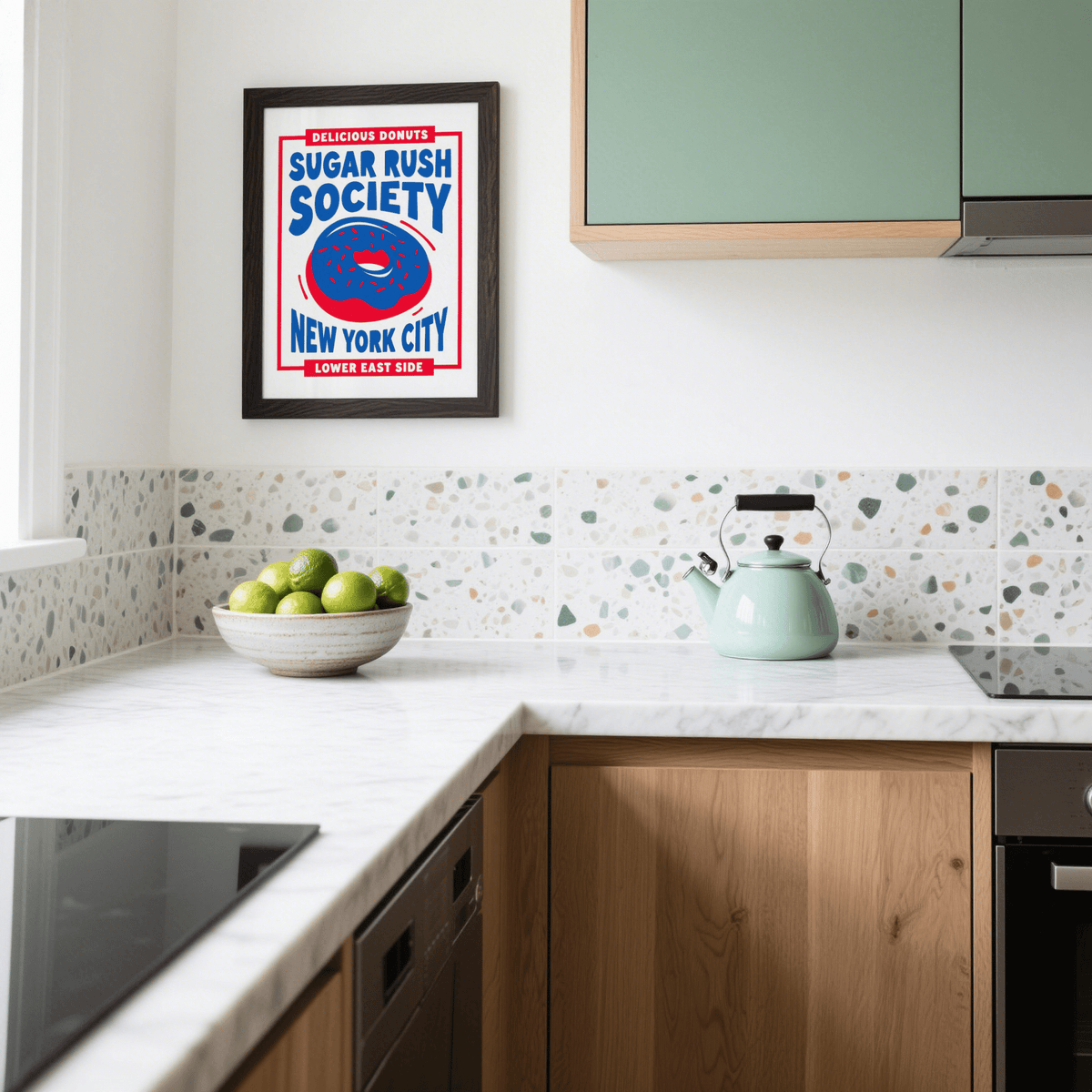 Colorful Donut Wall Art print with red and blue, ideal for bakeries