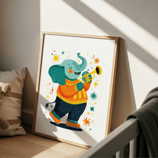 Musical Animal Poster in multicolored hues for children's nursery art print