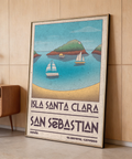 Island Vacation Poster print with sailboats on blue water, island hill and sky, and bold San Sebastian typography