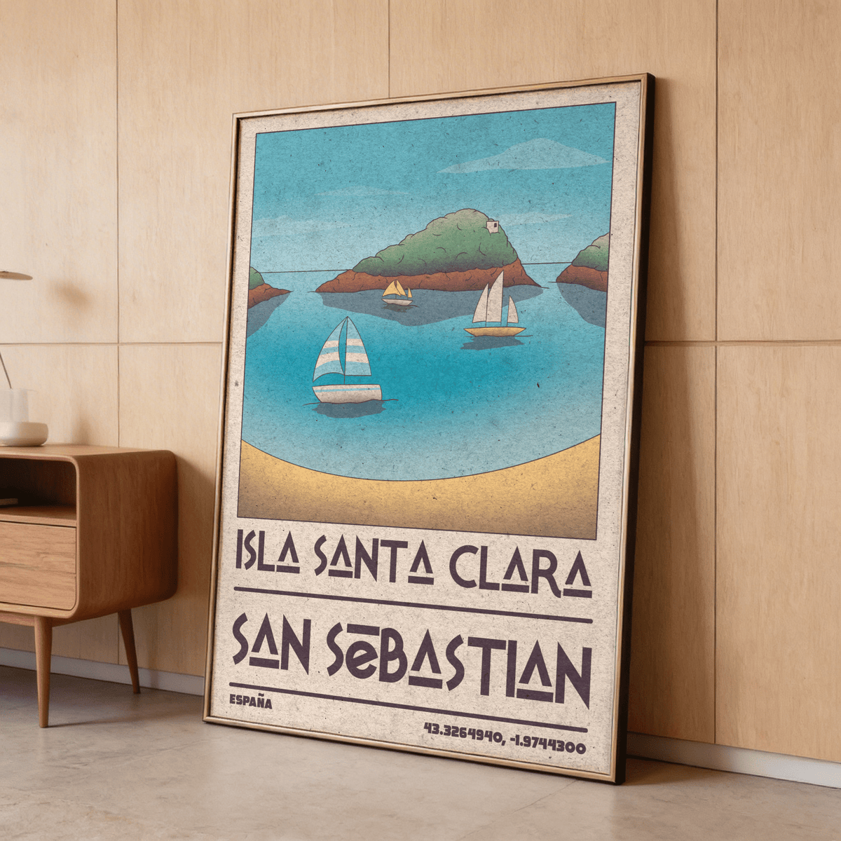 Island Vacation Poster print with sailboats on blue water, island hill and sky, and bold San Sebastian typography