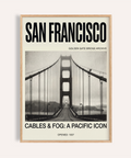 Golden Gate Bridge Art Print poster with fog and centered roadway perspective