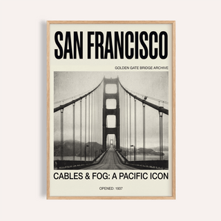 Golden Gate Bridge Art Print poster with fog and centered roadway perspective
