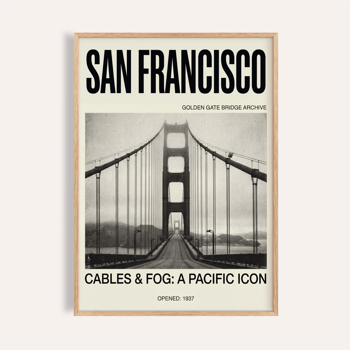Golden Gate Bridge Art Print poster with fog and centered roadway perspective