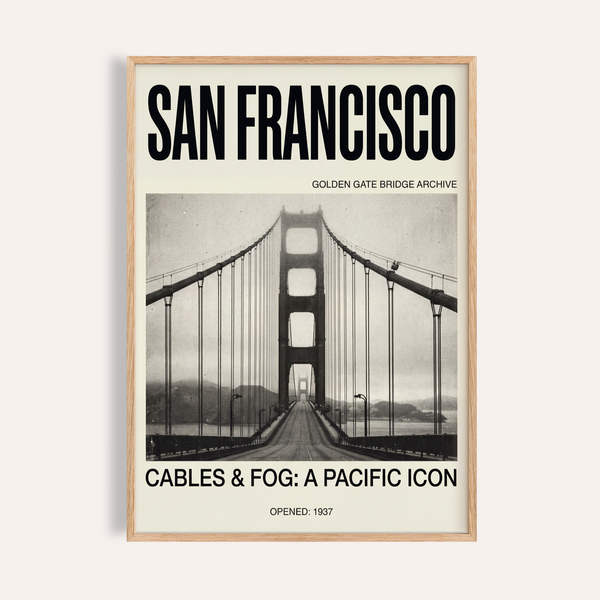 Golden Gate Bridge Art Print poster with fog and centered roadway perspective