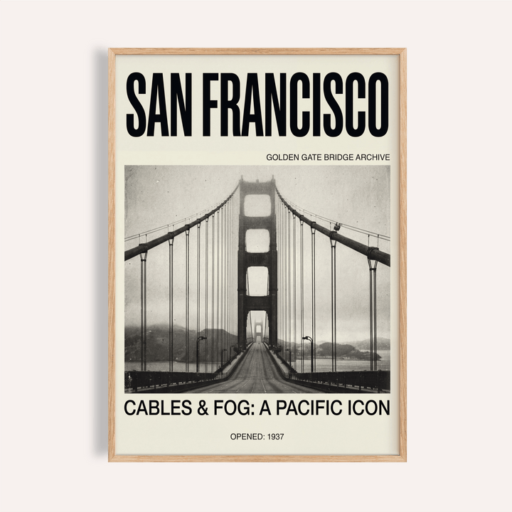 Golden Gate Bridge Art Print poster with fog and centered roadway perspective