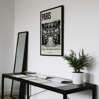 Vintage-style wall art print of Paris Palais Garnier staircase with bold PARIS header