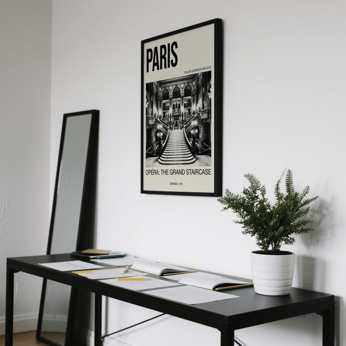 Vintage-style wall art print of Paris Palais Garnier staircase with bold PARIS header
