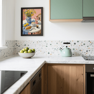 Floral Kitchen Decor wall art with Multicolored breakfast scene for kitchen space