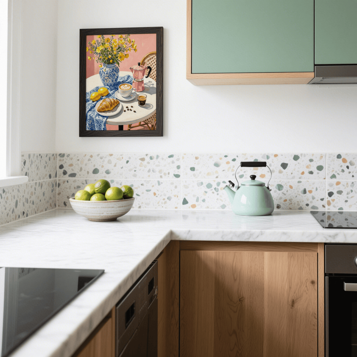 Floral Kitchen Decor wall art with Multicolored breakfast scene for kitchen space