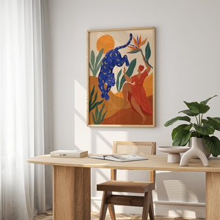 Modern illustrated animal wall art print with leopard and stylized landscape shapes