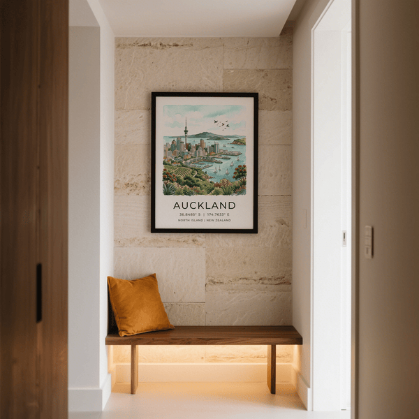 Coastal city print with Sky Tower silhouette and pastel sunset hues