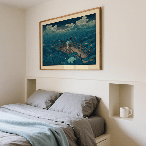 Vintage-style Japanese landscape poster with lotus leaves and blossoms