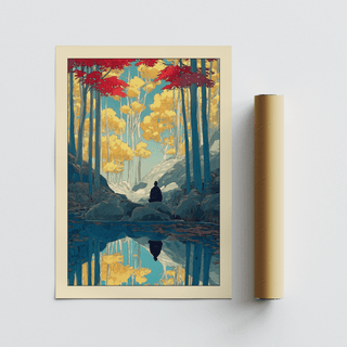 Calm river reflection poster with tall trees, rocky shore, and meditative figure, Zen Forest Art Print