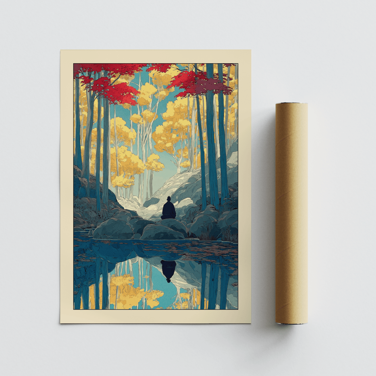 Calm river reflection poster with tall trees, rocky shore, and meditative figure, Zen Forest Art Print