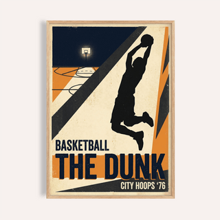Featuring a leaping dunk silhouette poster with hoop and court lines, retro sports wall art