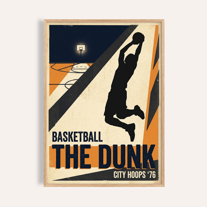 Featuring a leaping dunk silhouette poster with hoop and court lines, retro sports wall art