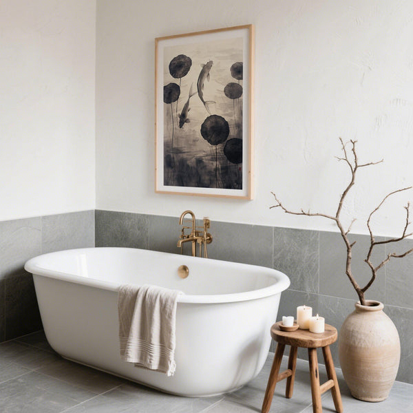 Minimalist Japanese Ink Art of pond scene with black ink brushwork.