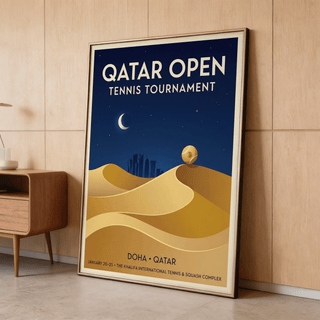 Close crop of Qatar Open Tennis Print highlighting tournament lettering and perched tennis ball