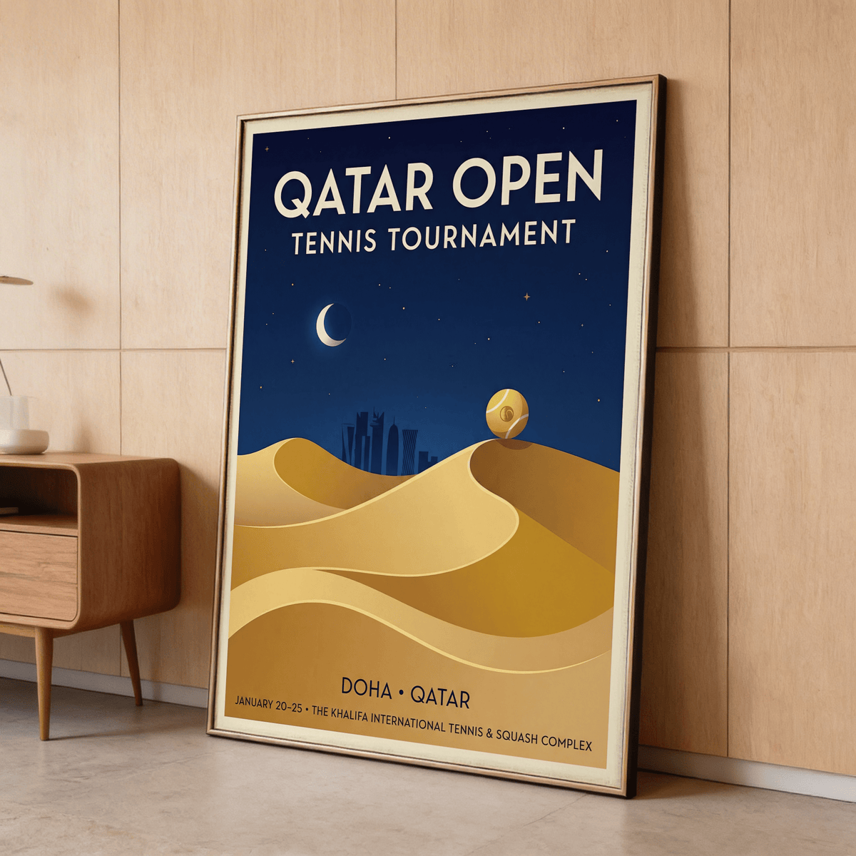 Close crop of Qatar Open Tennis Print highlighting tournament lettering and perched tennis ball