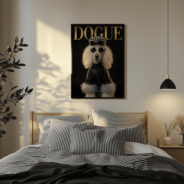 Dog Fashion Print on a bedroom wall showing a poodle in a leather jacket and sunglasses with black and white bedding