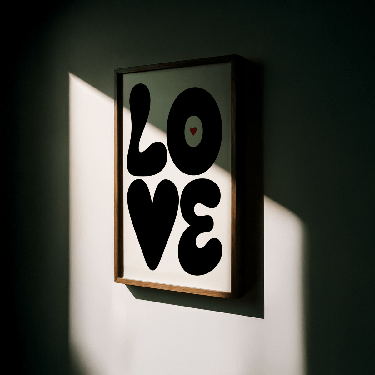 Black and white poster with rounded LOVE letters and heart detail