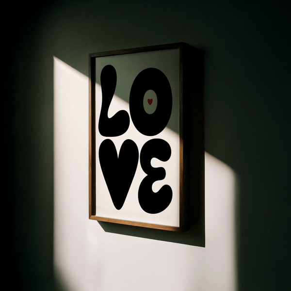Black and white poster with rounded LOVE letters and heart detail