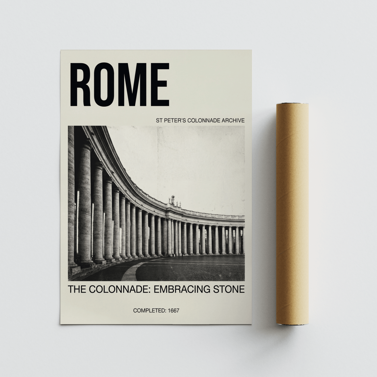 Architectural colonnade poster print with bold typography, vintage layout, and receding columns