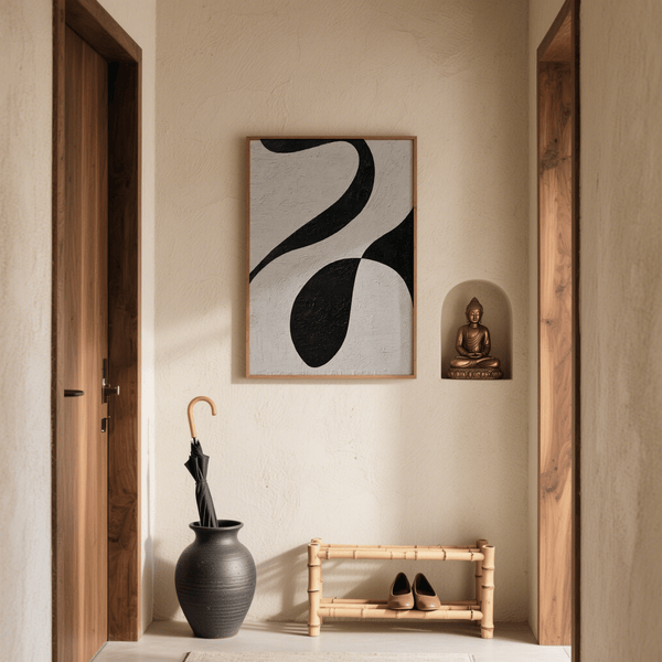 Abstract Black and White Art print in Gray and Black over sofa in living space