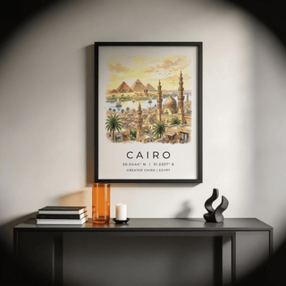 Close-up of pyramids and Sphinx on Cairo Landscape Wall Art travel poster above the water