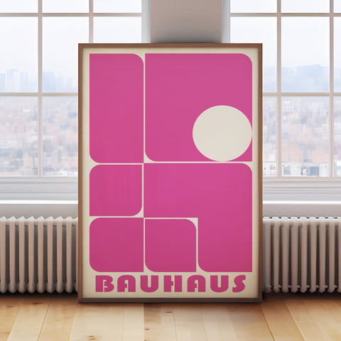 Vibrant pink Bauhaus geometric poster for minimalist and contemporary spaces