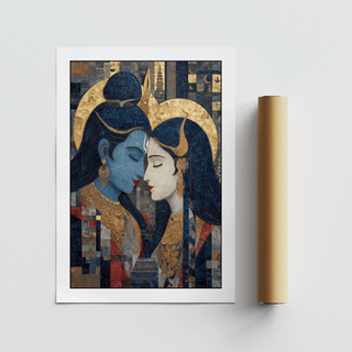 Stylized mosaic wall art poster featuring two profiles, tiled texture, and patterned blocks behind the figures