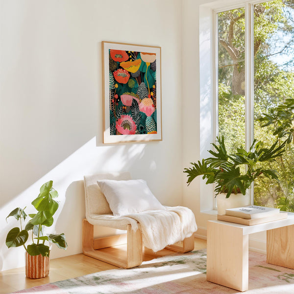 Flower wall art decor displayed above a minimalist console table with bold, organic shapes.