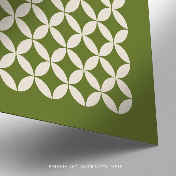 Mid century geometric Bauhaus circle pattern print on olive green background.