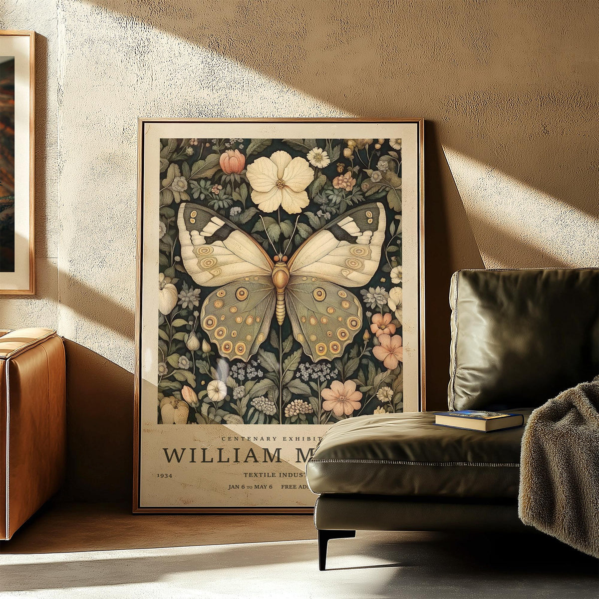 Butterfly posters with green and beige insect illustration in a garden theme.
