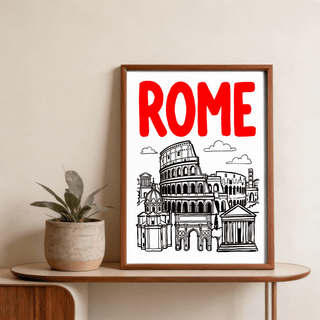Rome City Art Print displaying hand-drawn city landmarks in contrasting palette