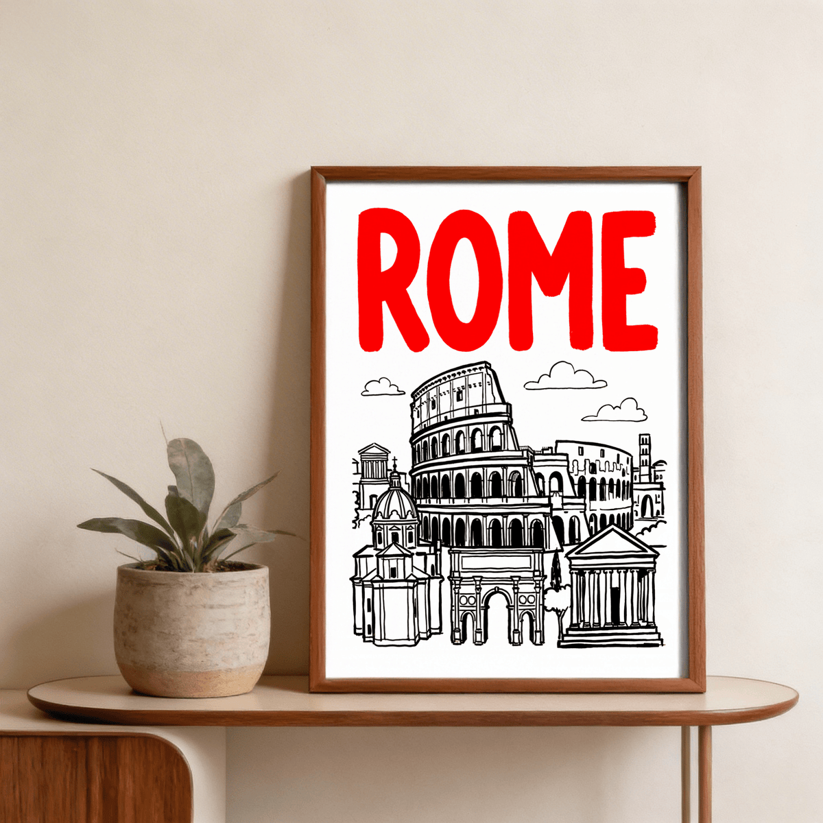 Rome City Art Print displaying hand-drawn city landmarks in contrasting palette