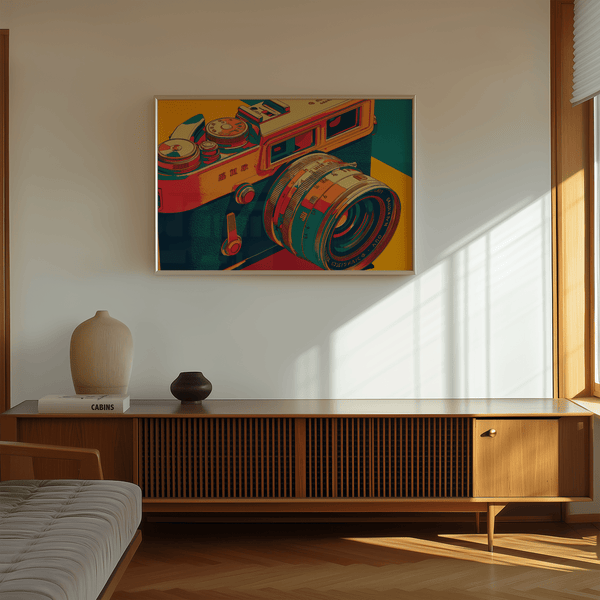 Vintage Camera Wall Art with Yellow accents for creative workspace print