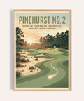 Featuring Pinehurst No. 2 travel poster print with winding fairway, sand bunkers, and flag on the green