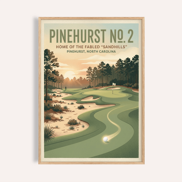 Featuring Pinehurst No. 2 travel poster print with winding fairway, sand bunkers, and flag on the green