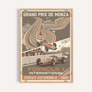 Featuring 1965 Racing Circuit Wall Art poster with Grand Prix de Monza track map and vintage Formula 1 car illustration