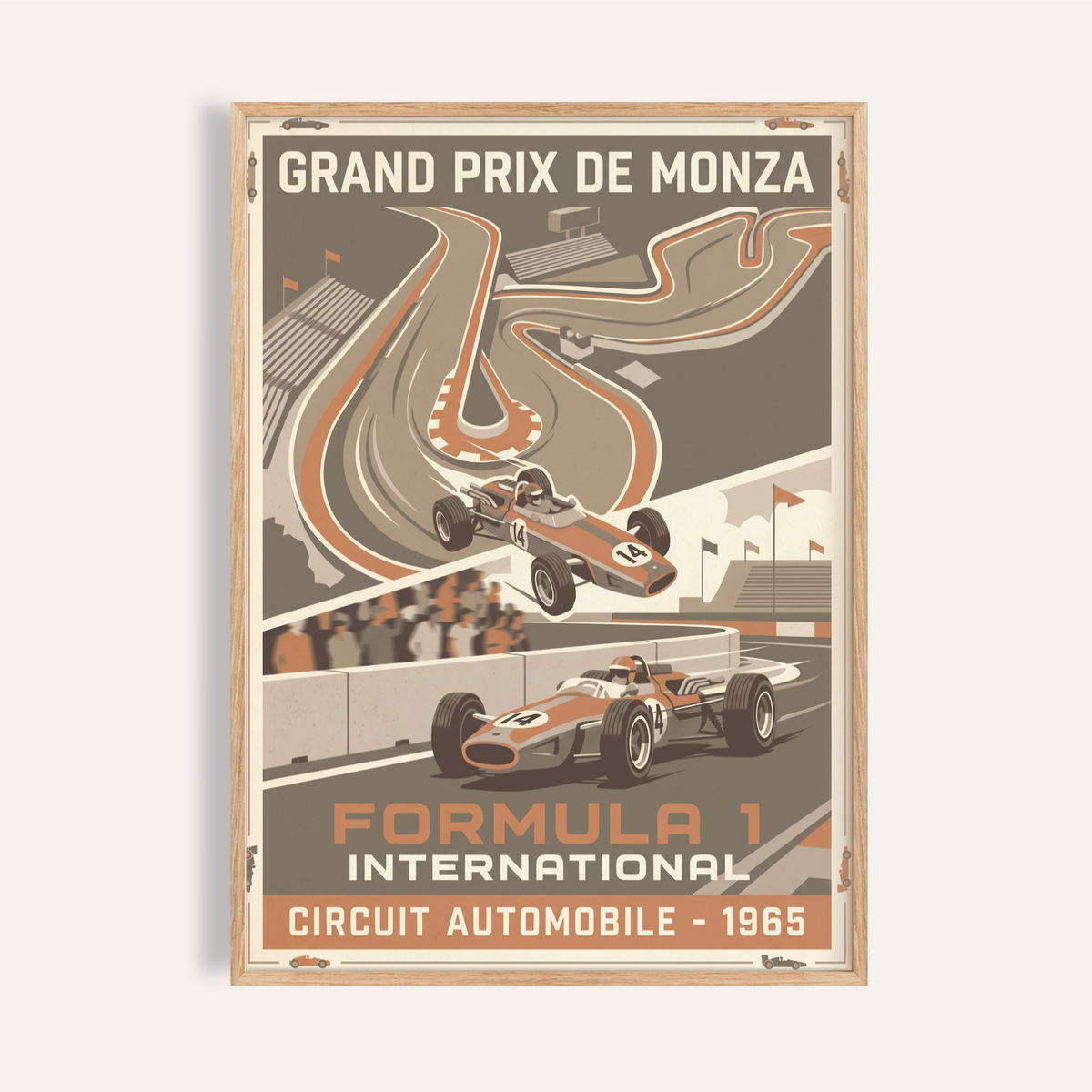 Featuring 1965 Racing Circuit Wall Art poster with Grand Prix de Monza track map and vintage Formula 1 car illustration