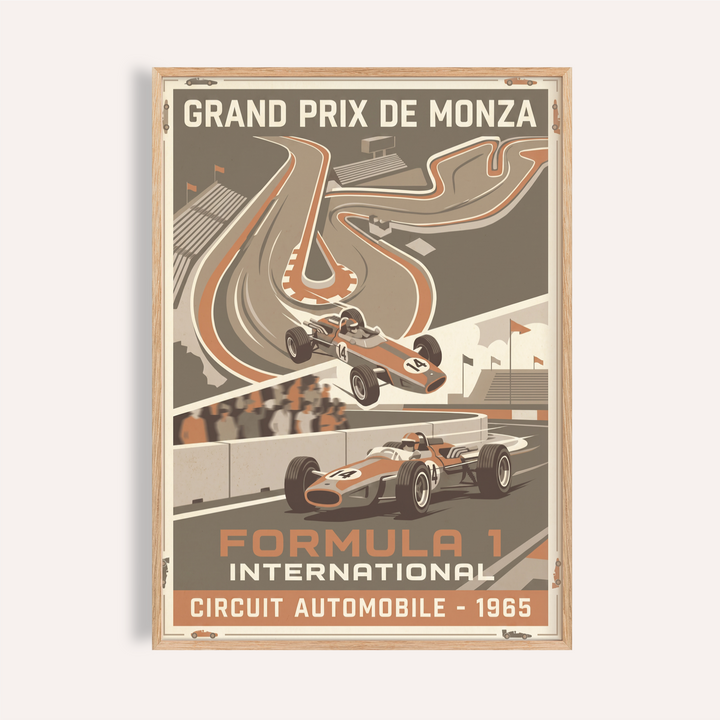 Featuring 1965 Racing Circuit Wall Art poster with Grand Prix de Monza track map and vintage Formula 1 car illustration