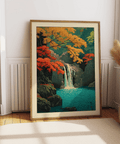 Hasui Kawase waterfall print showing tiered falls in rocky gorge