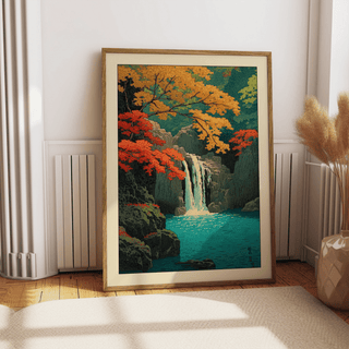 Hasui Kawase waterfall print showing tiered falls in rocky gorge