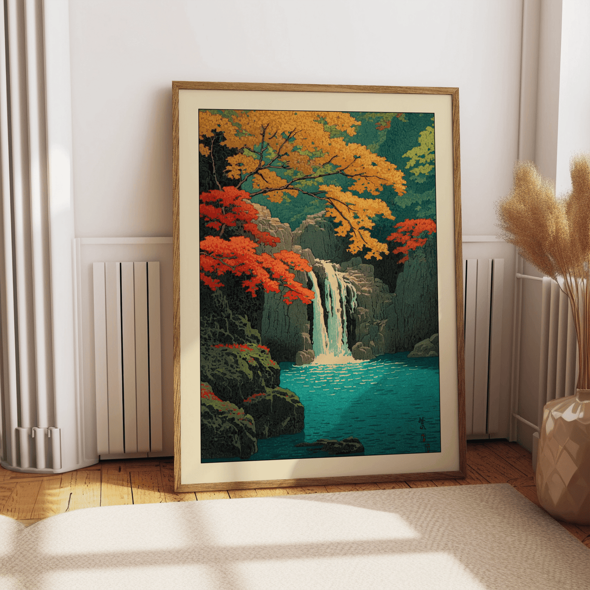 Hasui Kawase waterfall print showing tiered falls in rocky gorge