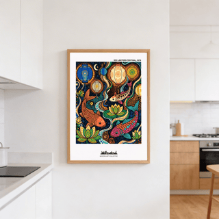 Patterned koi wall art poster with central fish motifs, lanterns overhead, and repeating dot textures