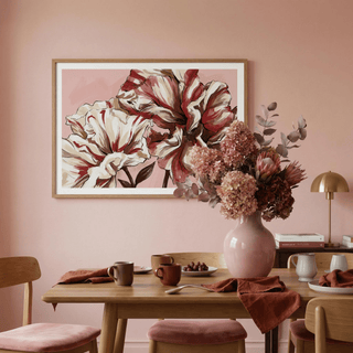 Botanical wall art print featuring expressive petal folds and leaf details