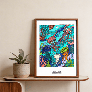 Jellyfish Ocean Art Print poster with mosaic-pattern jellyfish and bubble circles
