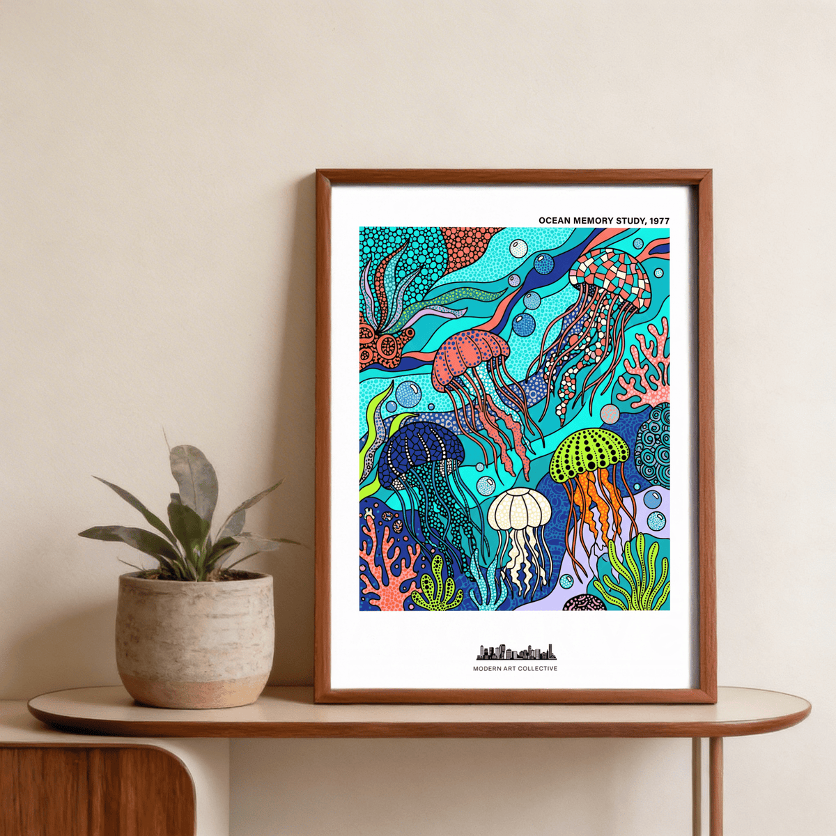 Jellyfish Ocean Art Print poster with mosaic-pattern jellyfish and bubble circles