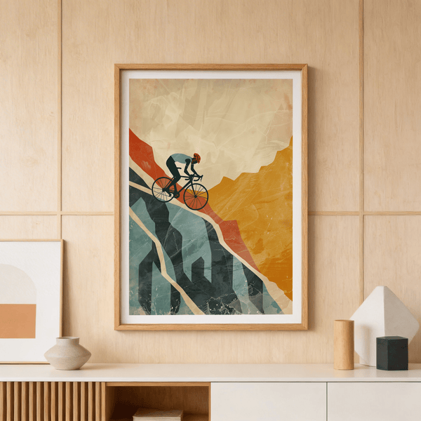 Rider on bicycle poster with layered mountains and textured sky, Mountain Biking Art Print